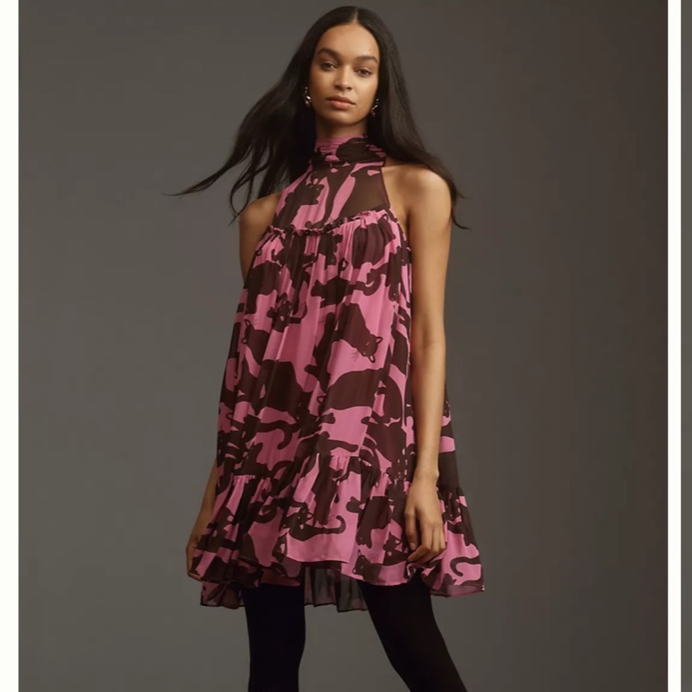 🆕 MAEVE Pink and DRK Brown abstract Cat Printed Mini Dress